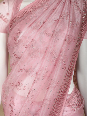 Pink Floral Designed Tissue Organza Saree - Diadem