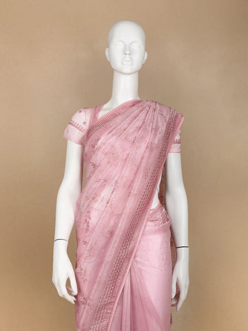 Pink Floral Designed Tissue Organza Saree - Diadem