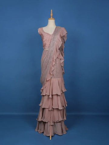 Pink Floral Designs Net Ready To Wear Saree with Designer Blouse - Diadem