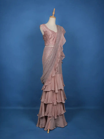 Pink Floral Designs Net Ready To Wear Saree with Designer Blouse - Diadem