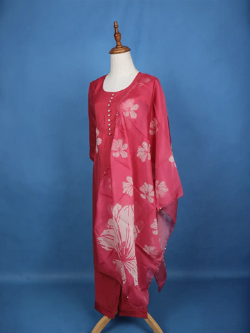 Pink Floral Designed Semi Silk Salwar Suit - Diadem
