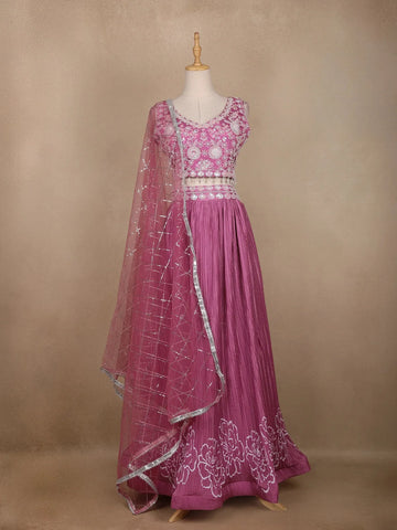 Pink Floral Embroidered Crepe Bridesmaids Lehenga - Diadem