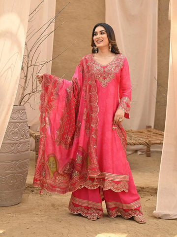 Pink Floral Embroidered Crepe Palazzo Salwar Suit - Diadem