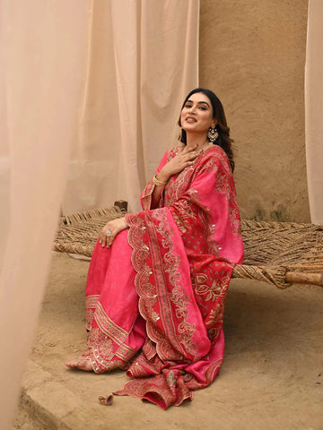 Pink Floral Embroidered Crepe Palazzo Salwar Suit - Diadem