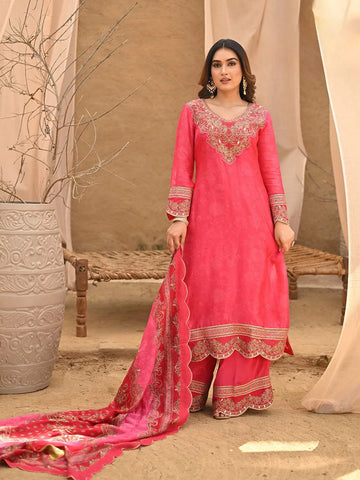 Pink Floral Embroidered Crepe Palazzo Salwar Suit - Diadem