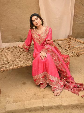 Pink Floral Embroidered Crepe Palazzo Salwar Suit - Diadem