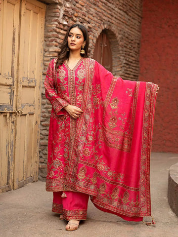 Pink Floral Embroidered Crepe Palazzo Salwar Suit - Diadem
