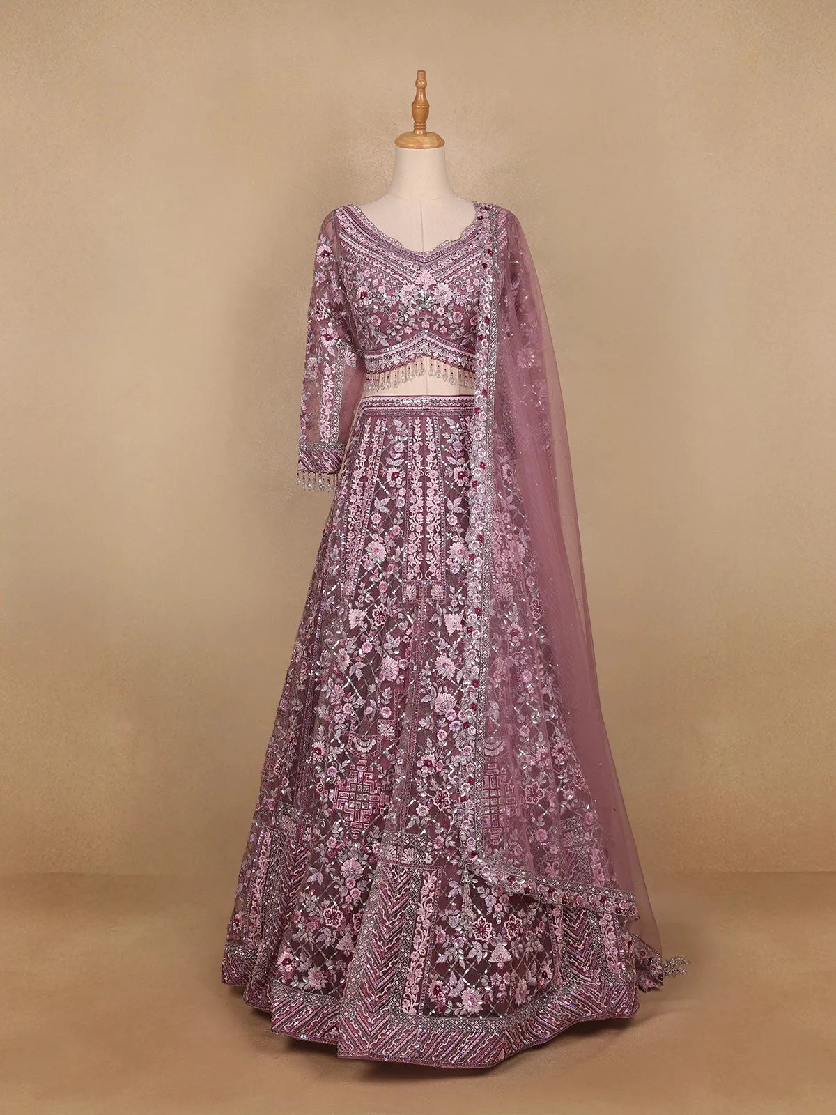 Pink Floral Embroidered Net Lehenga for Bridesmaids - Diadem