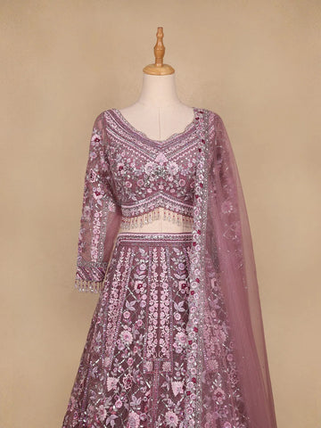 Pink Floral Embroidered Net Lehenga for Bridesmaids - Diadem