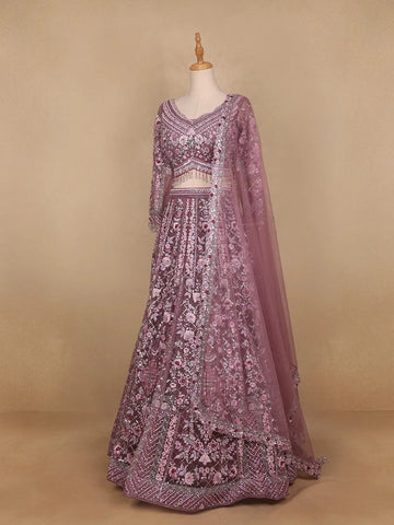 Pink Floral Embroidered Net Lehenga for Bridesmaids - Diadem