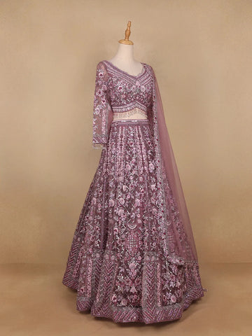 Pink Floral Embroidered Net Lehenga for Bridesmaids - Diadem