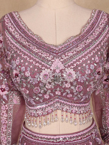 Pink Floral Embroidered Net Lehenga for Bridesmaids - Diadem