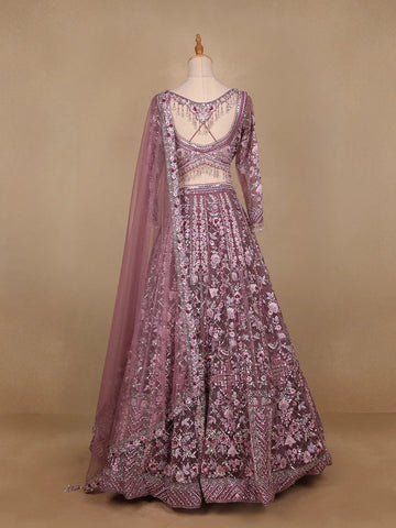 Pink Floral Embroidered Net Lehenga for Bridesmaids - Diadem