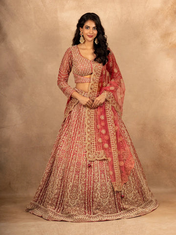 Pink Floral Embroidered Net Lehenga for Bridesmaids - Diadem
