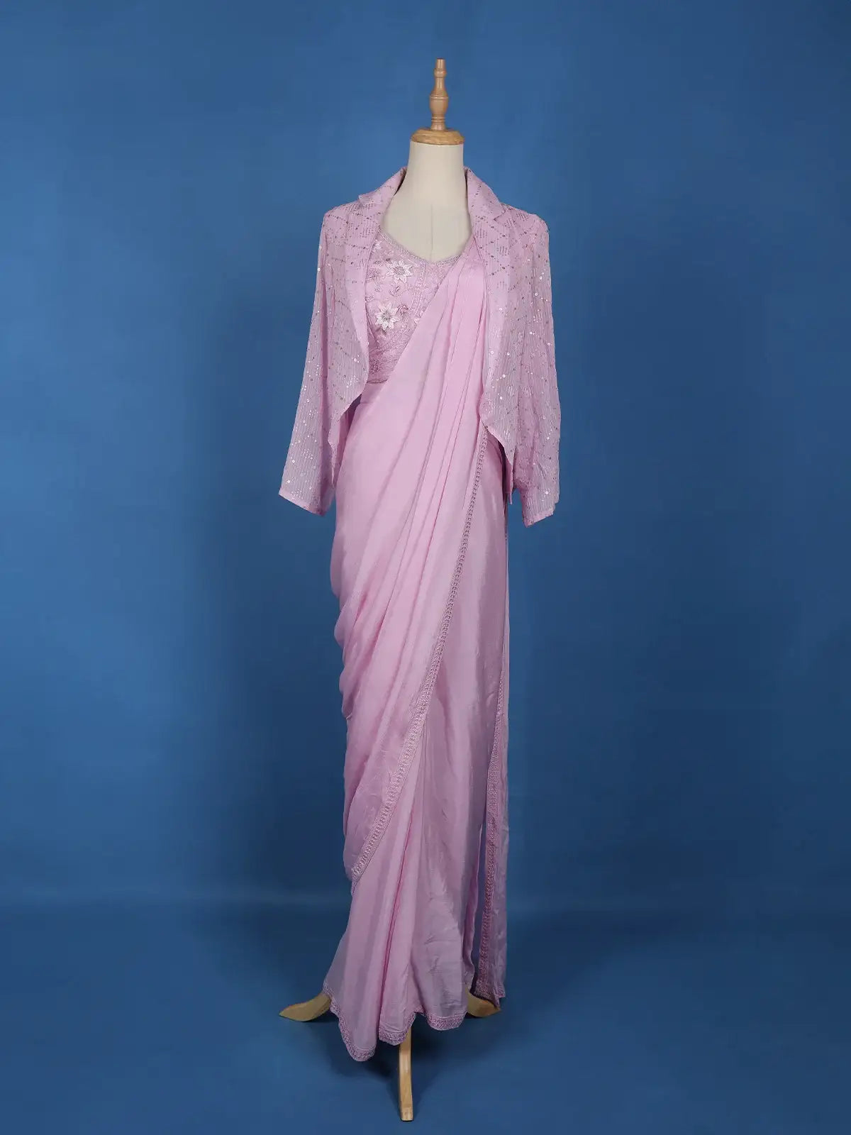 Pink Floral Embroidery Crepe Silk Ready To Wear Saree with Designer Blouse - Diadem