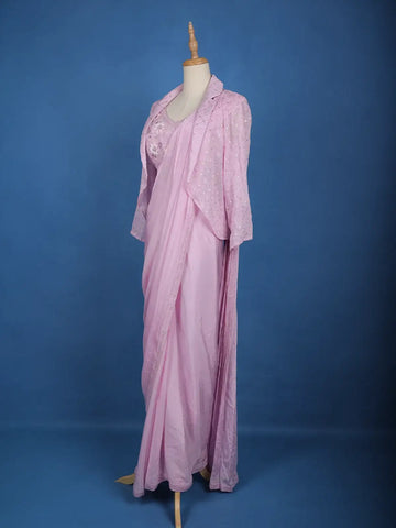 Pink Floral Embroidery Crepe Silk Ready To Wear Saree with Designer Blouse - Diadem