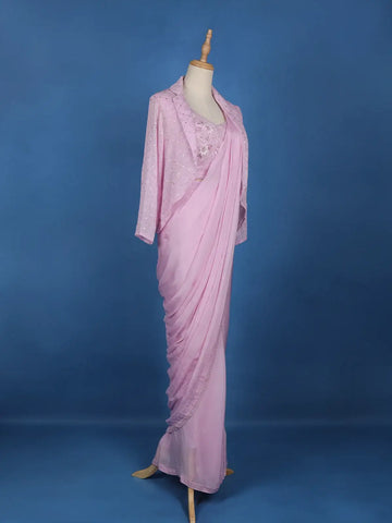 Pink Floral Embroidery Crepe Silk Ready To Wear Saree with Designer Blouse - Diadem