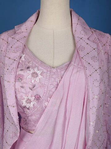 Pink Floral Embroidery Crepe Silk Ready To Wear Saree with Designer Blouse - Diadem