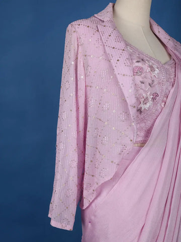 Pink Floral Embroidery Crepe Silk Ready To Wear Saree with Designer Blouse - Diadem