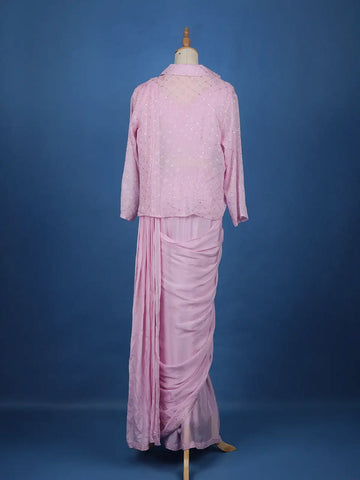 Pink Floral Embroidery Crepe Silk Ready To Wear Saree with Designer Blouse - Diadem