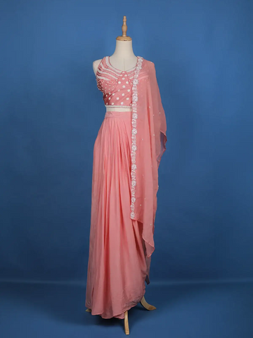 Pink Floral Embroidery Crepe Silk Ready To Wear Saree with Designer Blouse - Diadem