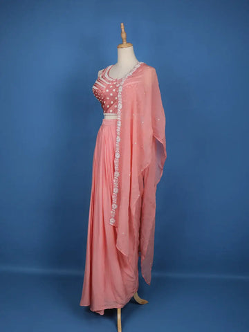 Pink Floral Embroidery Crepe Silk Ready To Wear Saree with Designer Blouse - Diadem