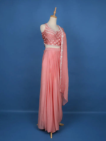 Pink Floral Embroidery Crepe Silk Ready To Wear Saree with Designer Blouse - Diadem