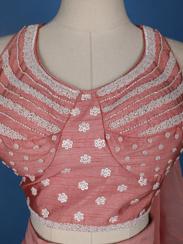 Pink Floral Embroidery Crepe Silk Ready To Wear Saree with Designer Blouse - Diadem