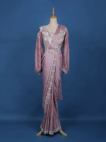 Pink Floral Embroidery Crepe Silk Ready To Wear Saree with Designer Blouse - Diadem