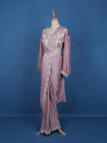 Pink Floral Embroidery Crepe Silk Ready To Wear Saree with Designer Blouse - Diadem