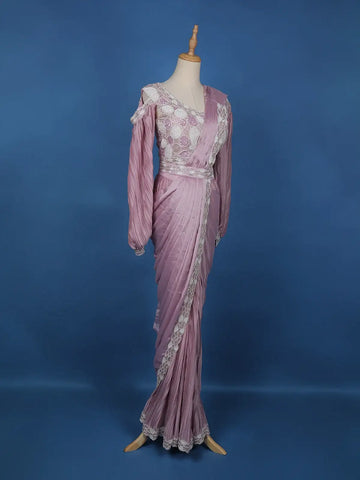 Pink Floral Embroidery Crepe Silk Ready To Wear Saree with Designer Blouse - Diadem