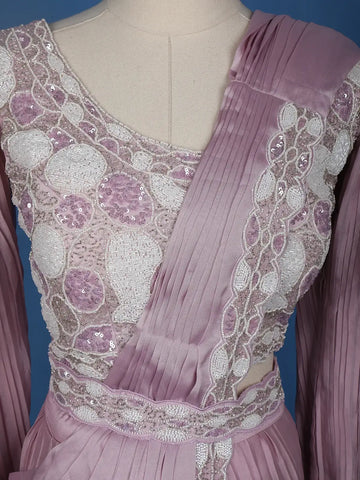 Pink Floral Embroidery Crepe Silk Ready To Wear Saree with Designer Blouse - Diadem