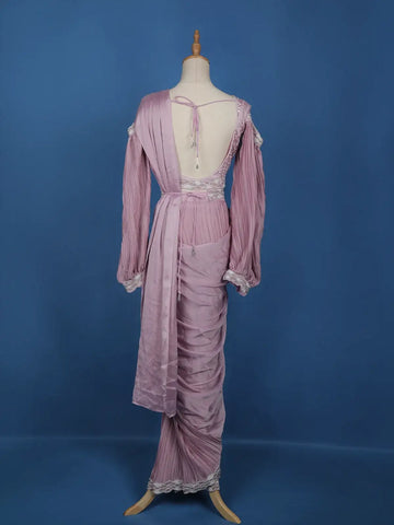 Pink Floral Embroidery Crepe Silk Ready To Wear Saree with Designer Blouse - Diadem