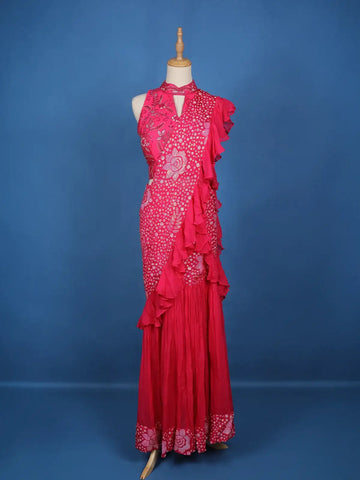 Pink Floral Embroidery Georgette Ready To Wear Saree with Designer Blouse - Diadem