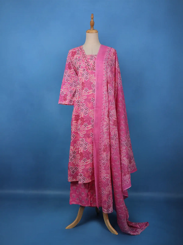 Pink Floral Printed Cotton Salwar Suit - Diadem