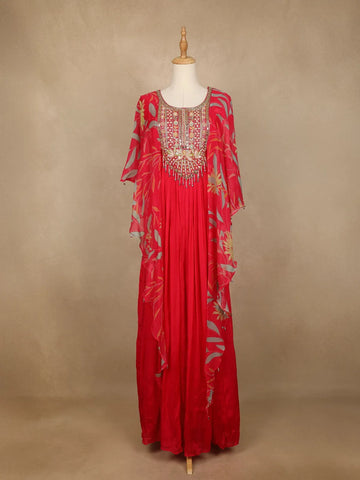 Pink Floral Printed IndoWestern Crepe Gown - Diadem
