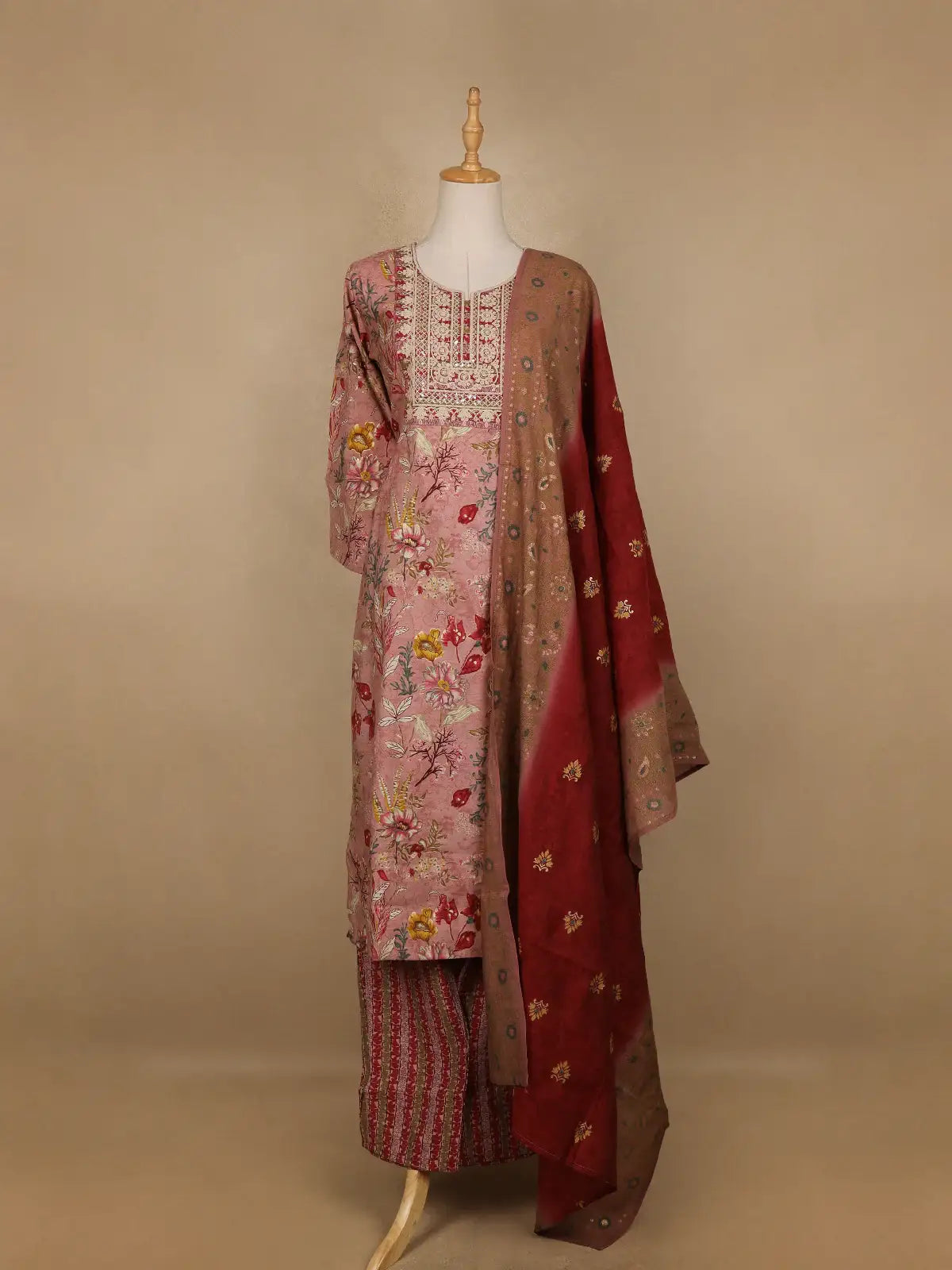 Pink Floral Printed Semi Silk Salwar Suit - Diadem