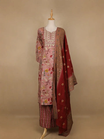 Pink Floral Printed Semi Silk Salwar Suit - Diadem