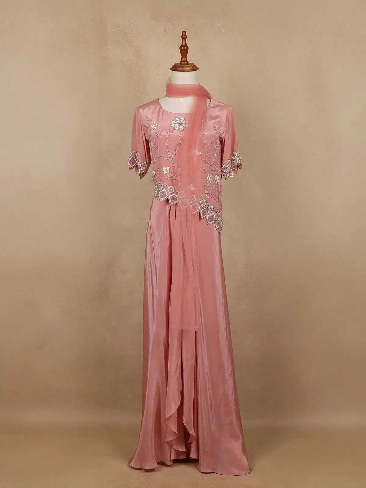 Pink Floral Sequins Embellished Crepe Skirt - Diadem