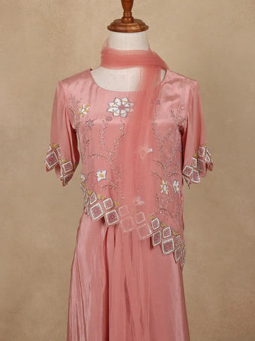 Pink Floral Sequins Embellished Crepe Skirt - Diadem