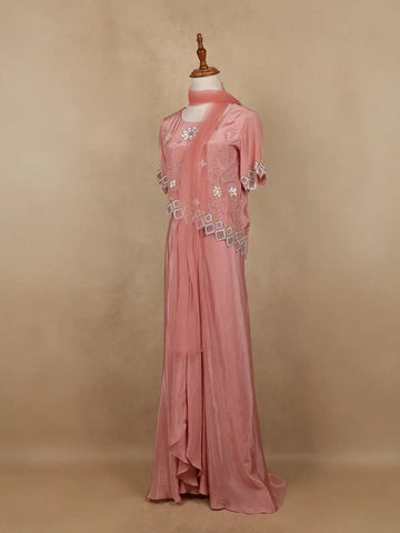 Pink Floral Sequins Embellished Crepe Skirt - Diadem