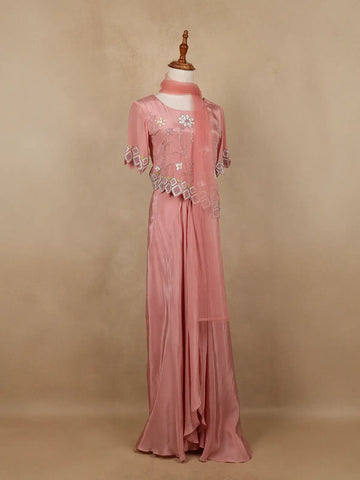 Pink Floral Sequins Embellished Crepe Skirt - Diadem