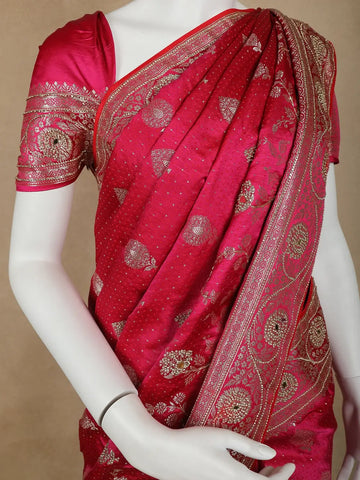 Pink Floral Weave and Stone Work Banarasi Silk Saree - Diadem