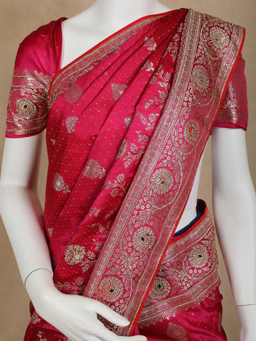Pink Floral Weave and Stone Work Banarasi Silk Saree - Diadem