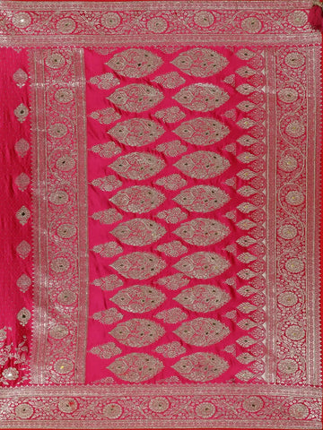 Pink Floral Weave and Stone Work Banarasi Silk Saree - Diadem