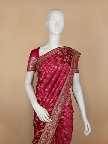 Pink Floral Weave and Stone Work Banarasi Silk Saree - Diadem