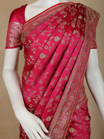 Pink Floral Weave and Stone Work Banarasi Silk Saree - Diadem