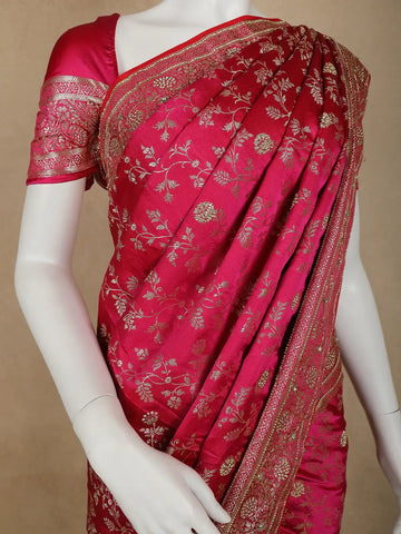Pink Floral Weave and Stone Work Banarasi Silk Saree - Diadem