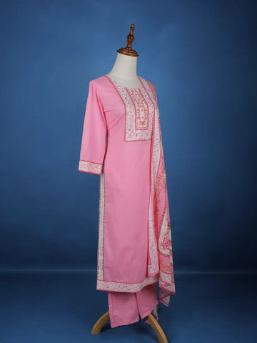 Pink Floral Designed Cotton Salwar Suit - Diadem