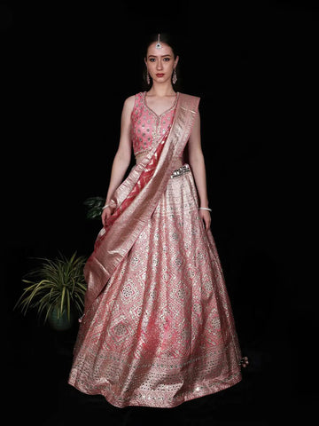 Pink Mirror Designed Banarasi Silk Bridesmaid Lehenga - Diadem